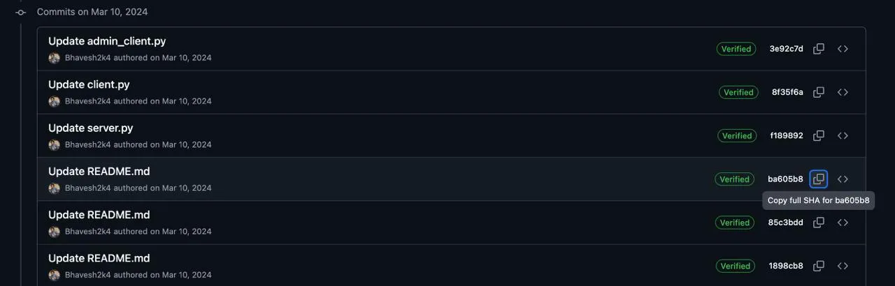 Initial commit history with verified badges